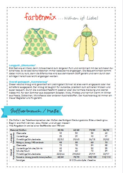 Papierschnittmuster Zweregnverpackung Vol 2 Babykollektion Materialtabelle
