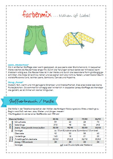 Papierschnittmuster Zweregnverpackung Vol 2 Babykollektion Materialtabelle