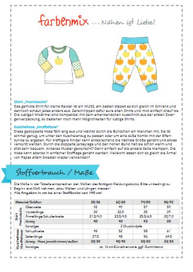 Papierschnittmuster Zweregnverpackung Vol 2 Babykollektion Materialtabelle