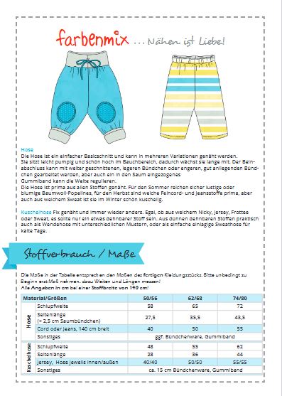 Papierschnittmuster Baby-Kollektion Zwergenverpackung Stoffverbrauch Hosen