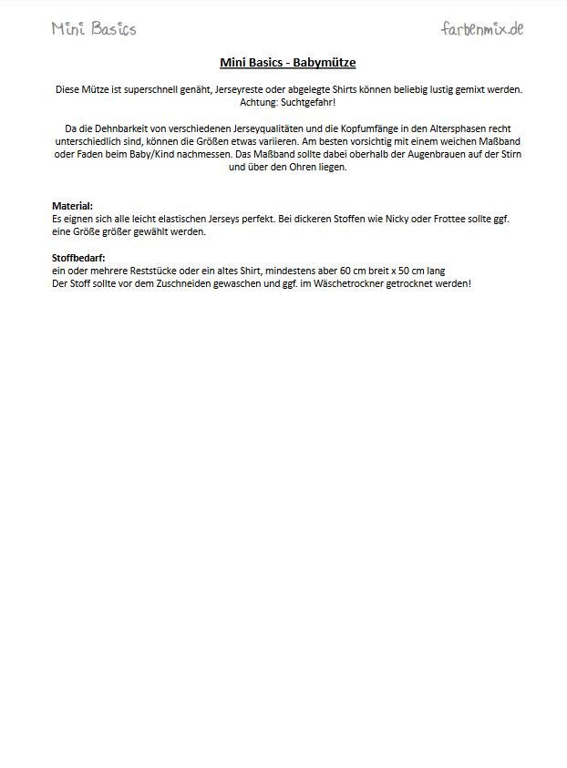 Papierschnittmuster Mini-Basic-Kollektion Zwergenverpackung Stoffbedarf