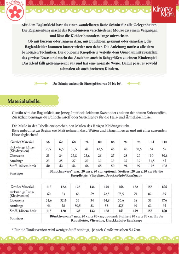 Papierschnittmuster Raglankleid von klimperklein Materialtabelle