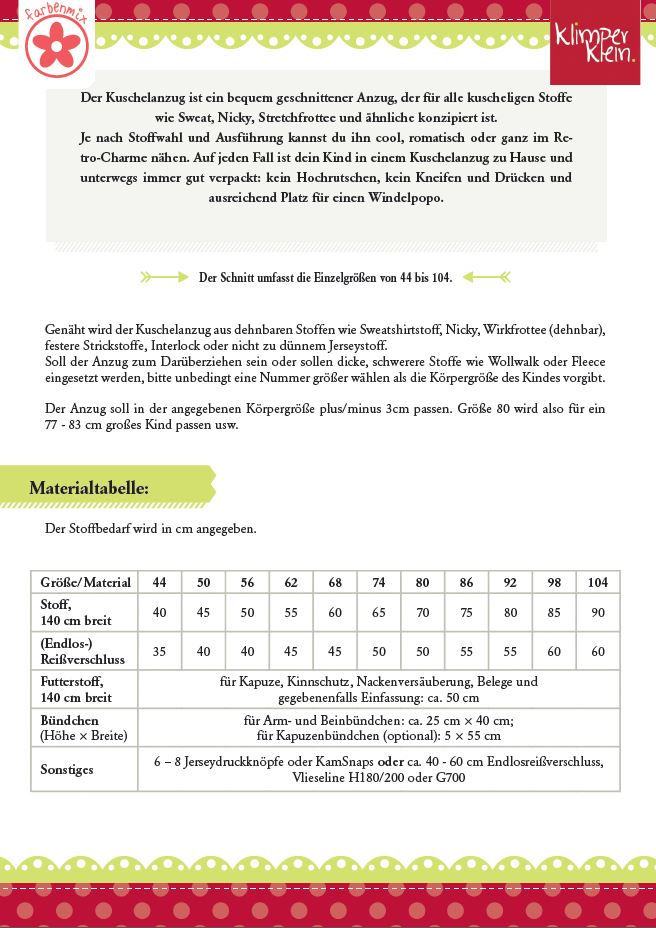 Papierschnittmuster Kuschelanzug von Klimperklein Materialtabelle