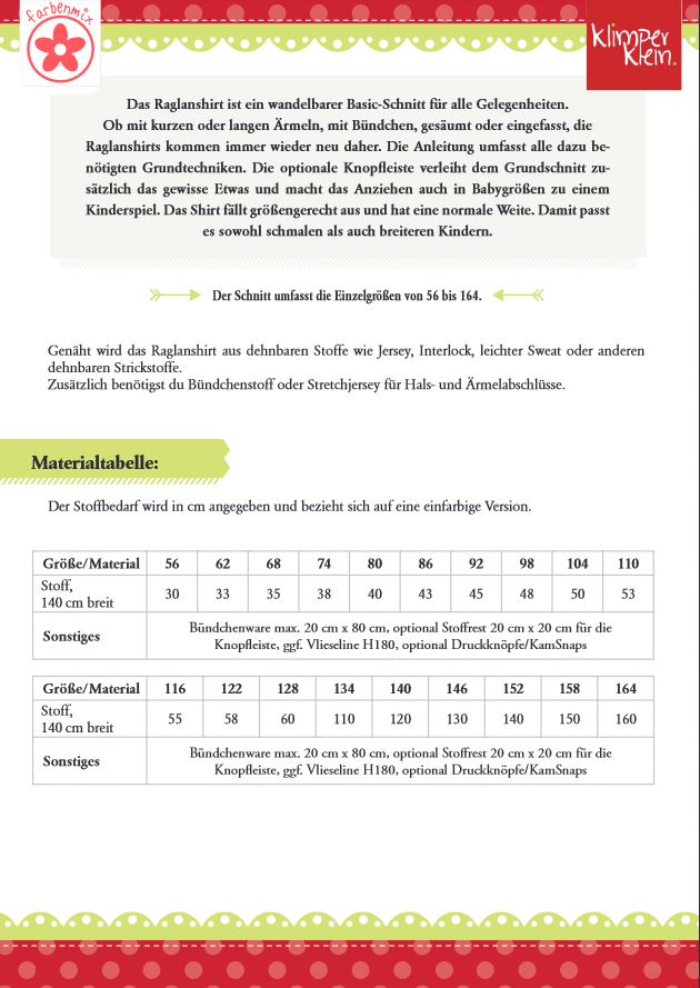 Papierschnittmuster Raglanshirt von Klimperklein Maßtabelle