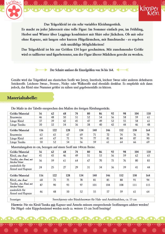 Papierschnittmuster Trägerkleid von klimperklein Materialtabelle