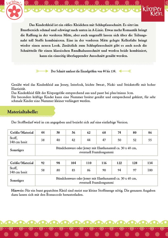 Papierschnittmuster Kinderkleid von Klimperklein Maßtabelle