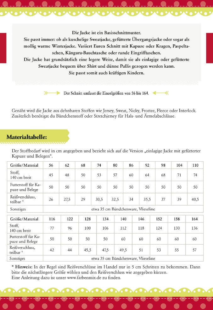 Papierschnittmuster Jacke von Klimperklein Maßtabelle