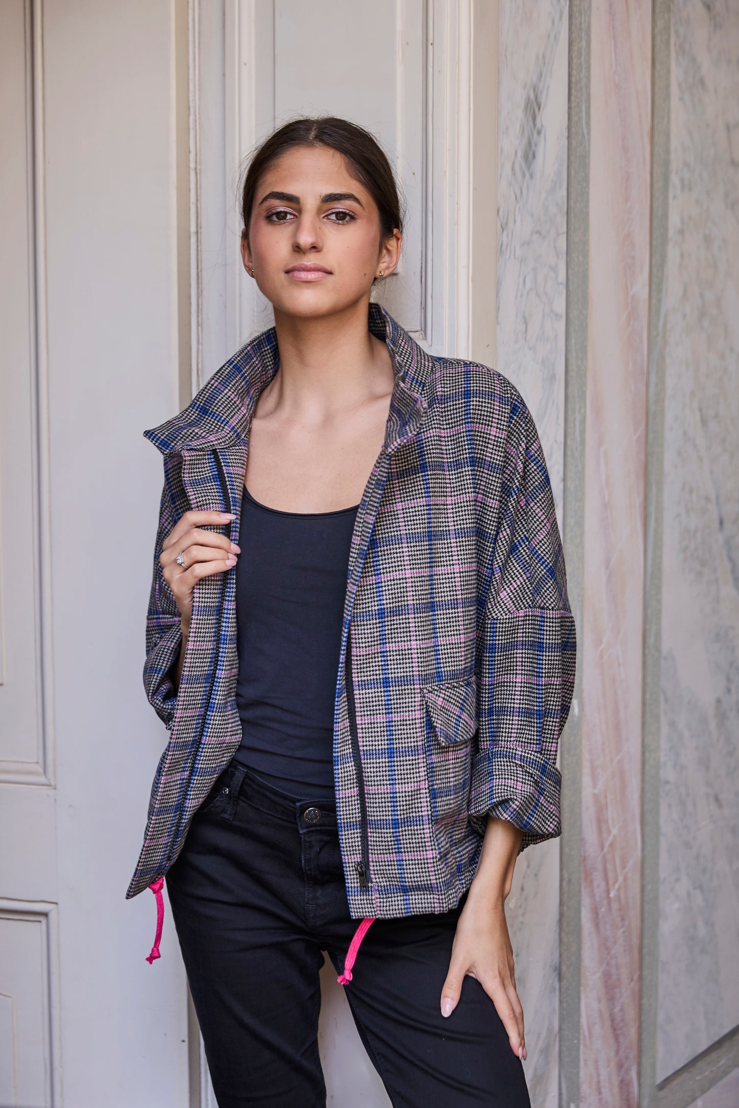Baumwollgemisch Blue Checked Karos - blau/rosa