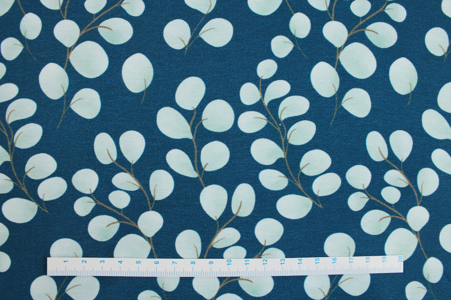 Baumwolljersey Fine Eukalyptus mit kleinen mintfarbenen Blättern auf petrol Grund Maßstab