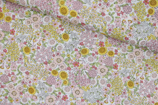Baumwollstoff Gardening mit kleinen Blümchen in Rosa und Gelb quer