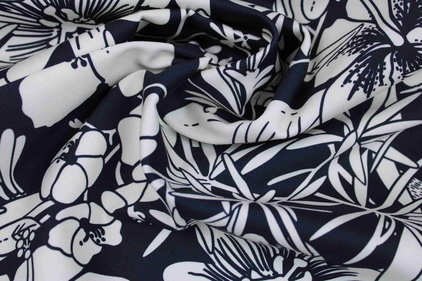 Baumwollstretch Bloom Blumen - schwarz/weiß