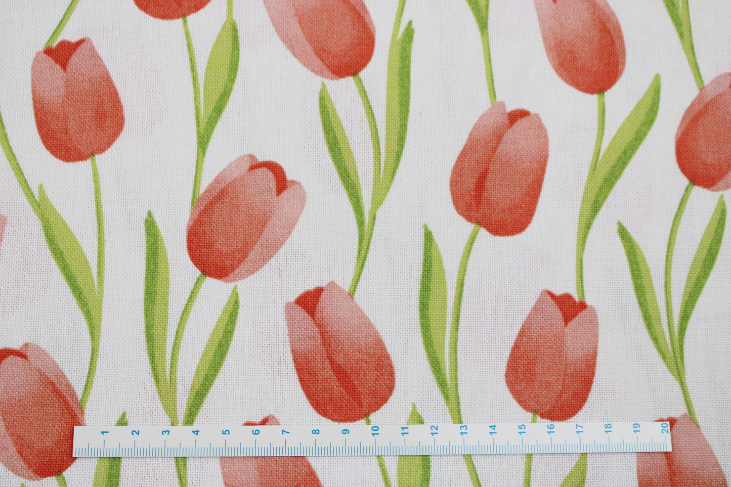 Canvasstoff mit Tulpen auf naturweißem Grund Maßstab