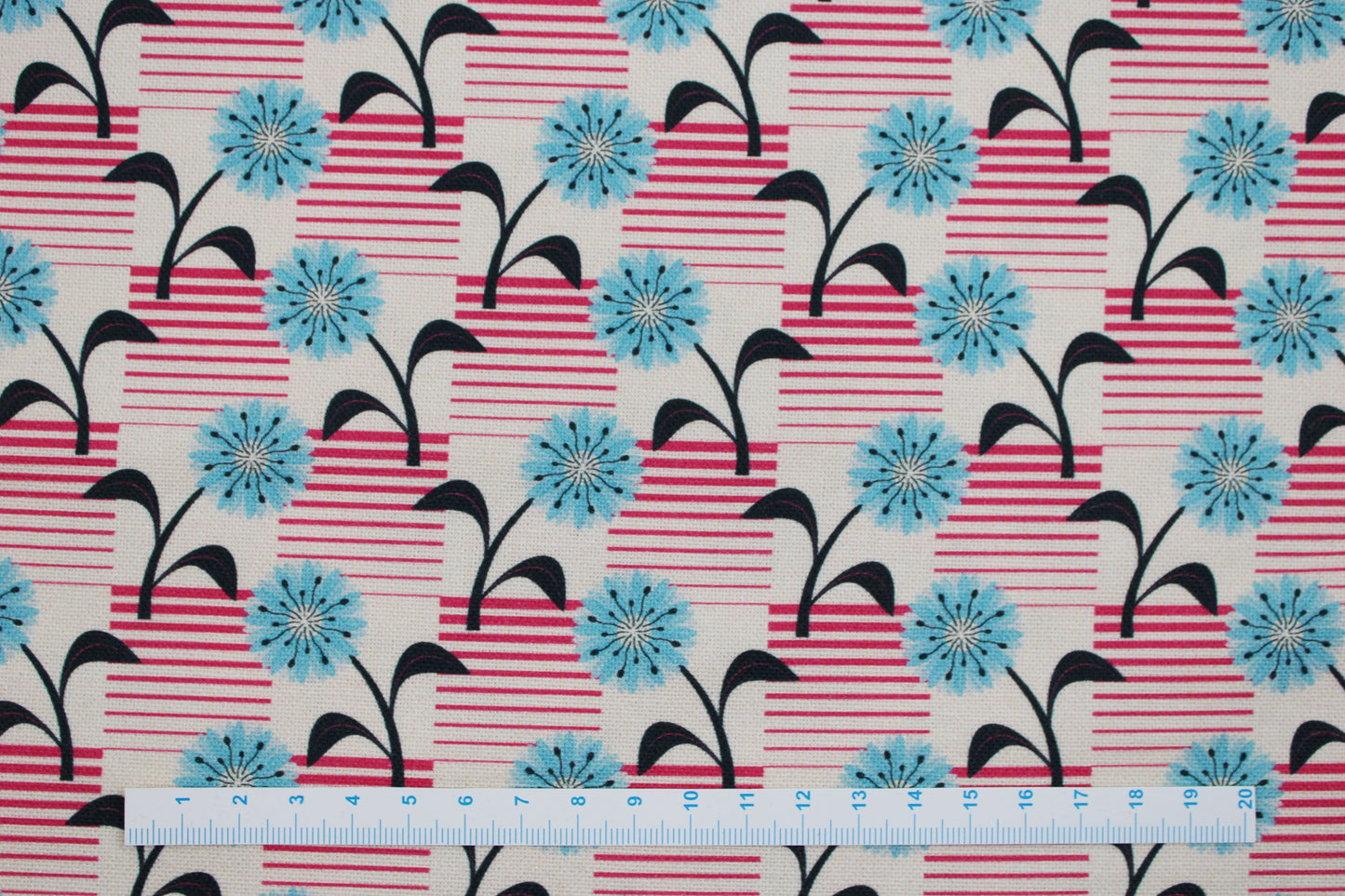 Canvasstoff mit Retro-Blumen in naturweiß, pink und türkis Maßstab