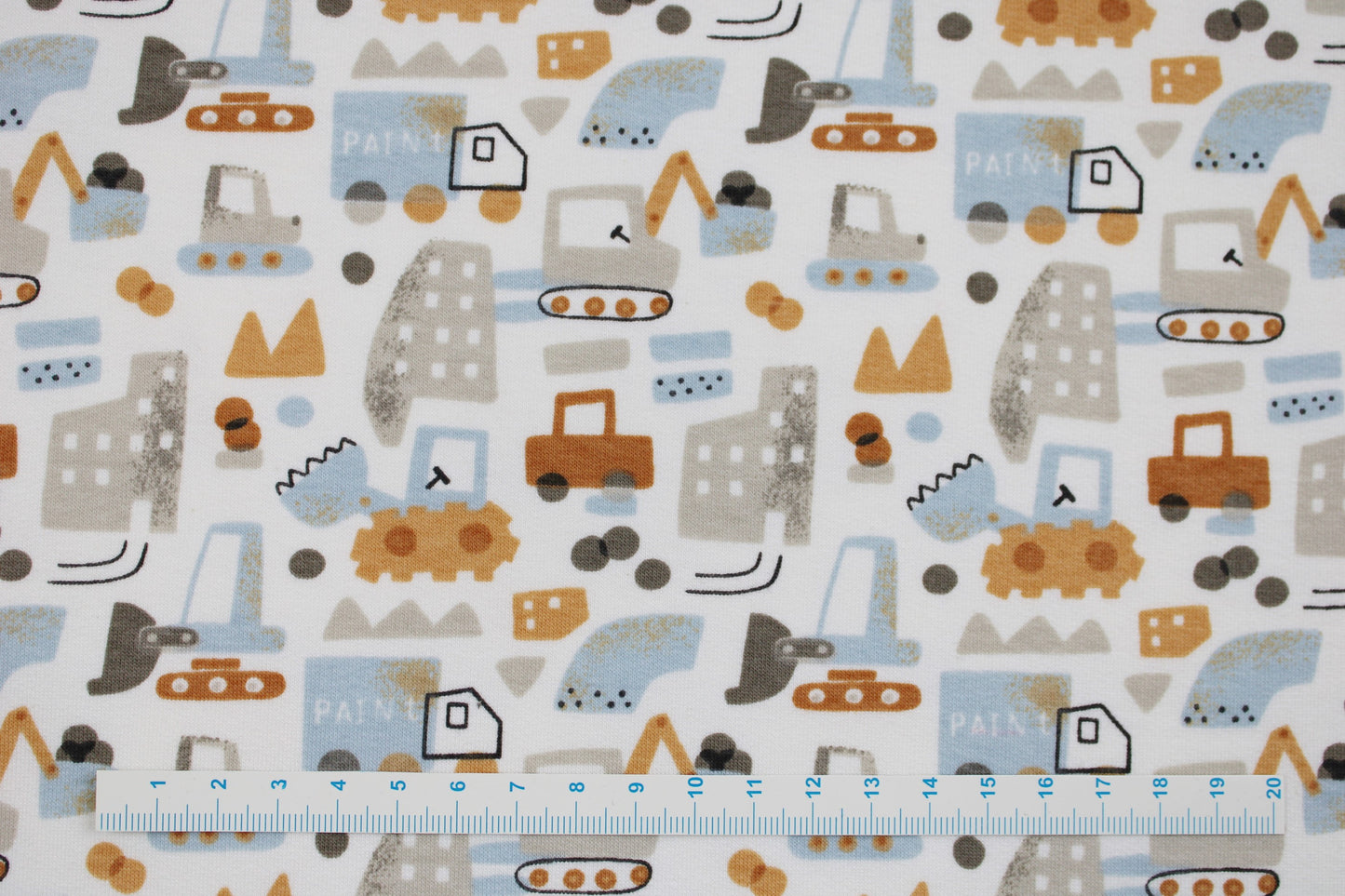 Kinderstoff French Terry Sweat mit Baustellenfahrzeugen für Kinderbekleidung Maßsab