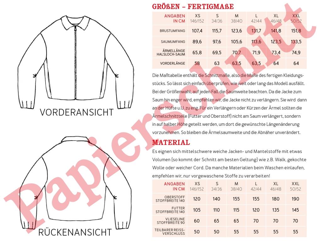Papierschnittmuster gefütterte Jacke Frau Ebba von Studio Schnittreif Materialtabelle