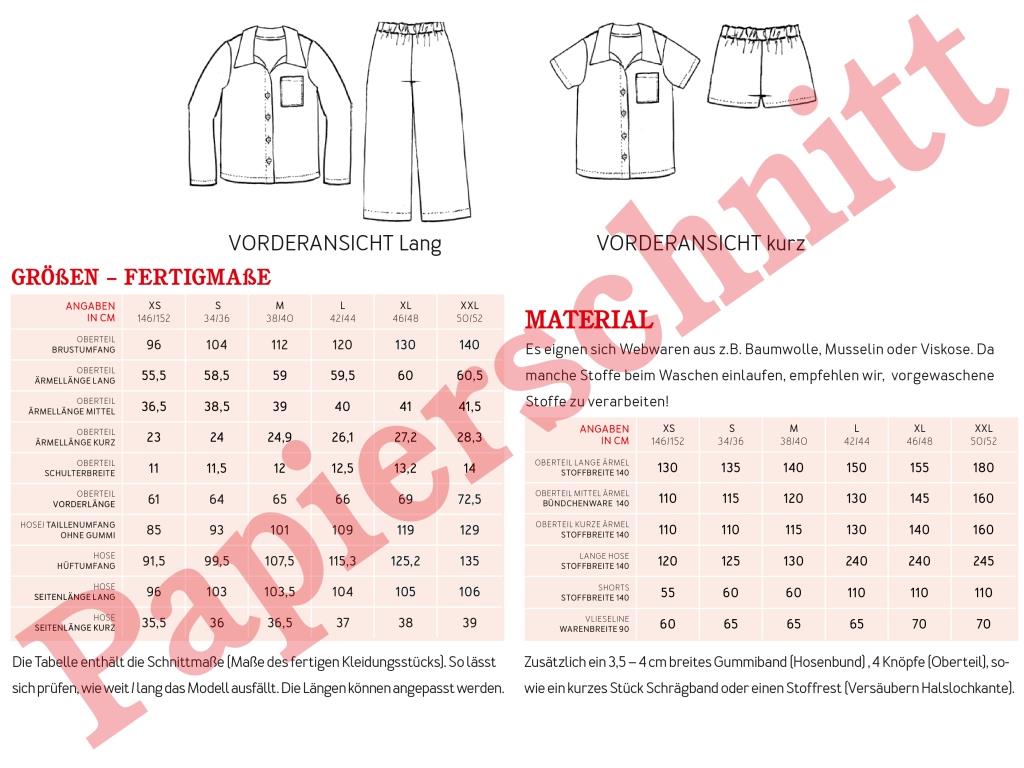 Papierschnittmuster Pyjama Frau Hilda von Studio Schnittreif Materialtabelle