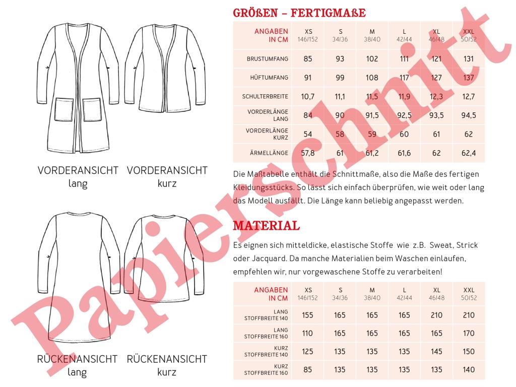 Papierschnittmuster Cardigan mit aufgesetzten Taschen Frau Jacky von Studio Schnittreif Materialtabelle