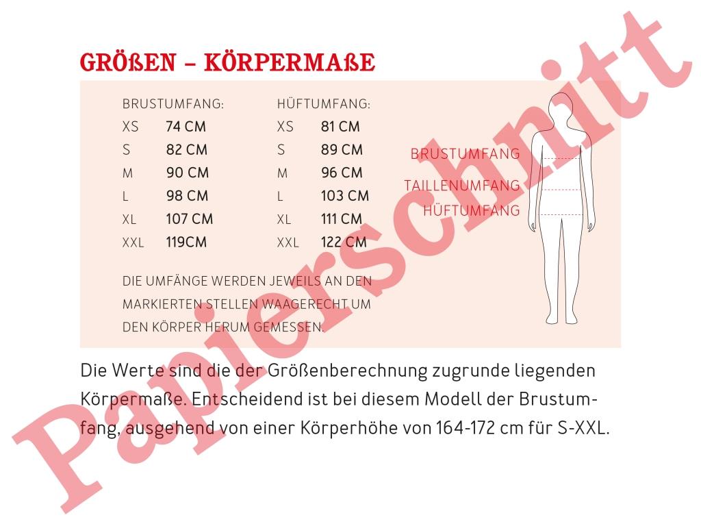 Papierschnittmuster Cardigan Frau Jacky von Studio Schnittreif Maßtabelle