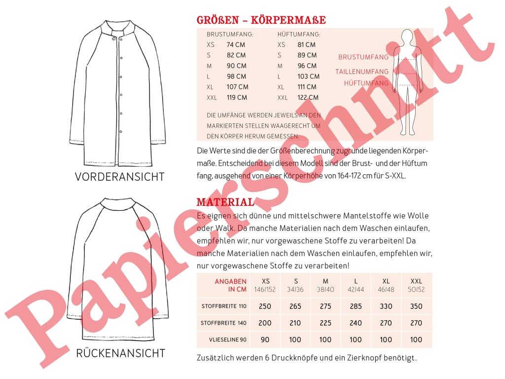 Papierschnittmuster Kurzmantel Frau Linda von Studio Schnittreif Materialtabelle