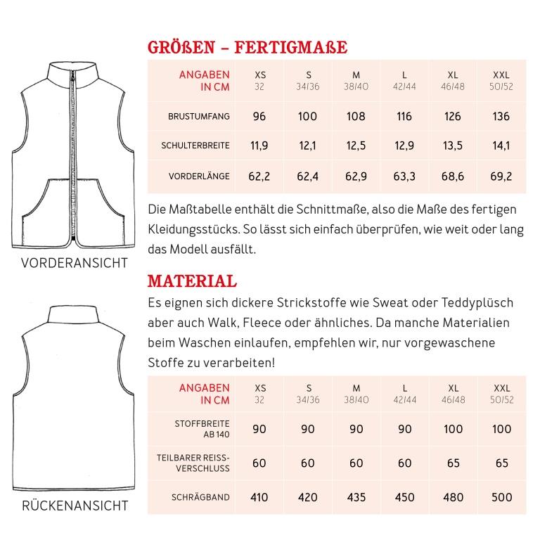 Papierschnittmuster kuschelige Weste Frau Roni von Studio Schnittreif Materialtabelle