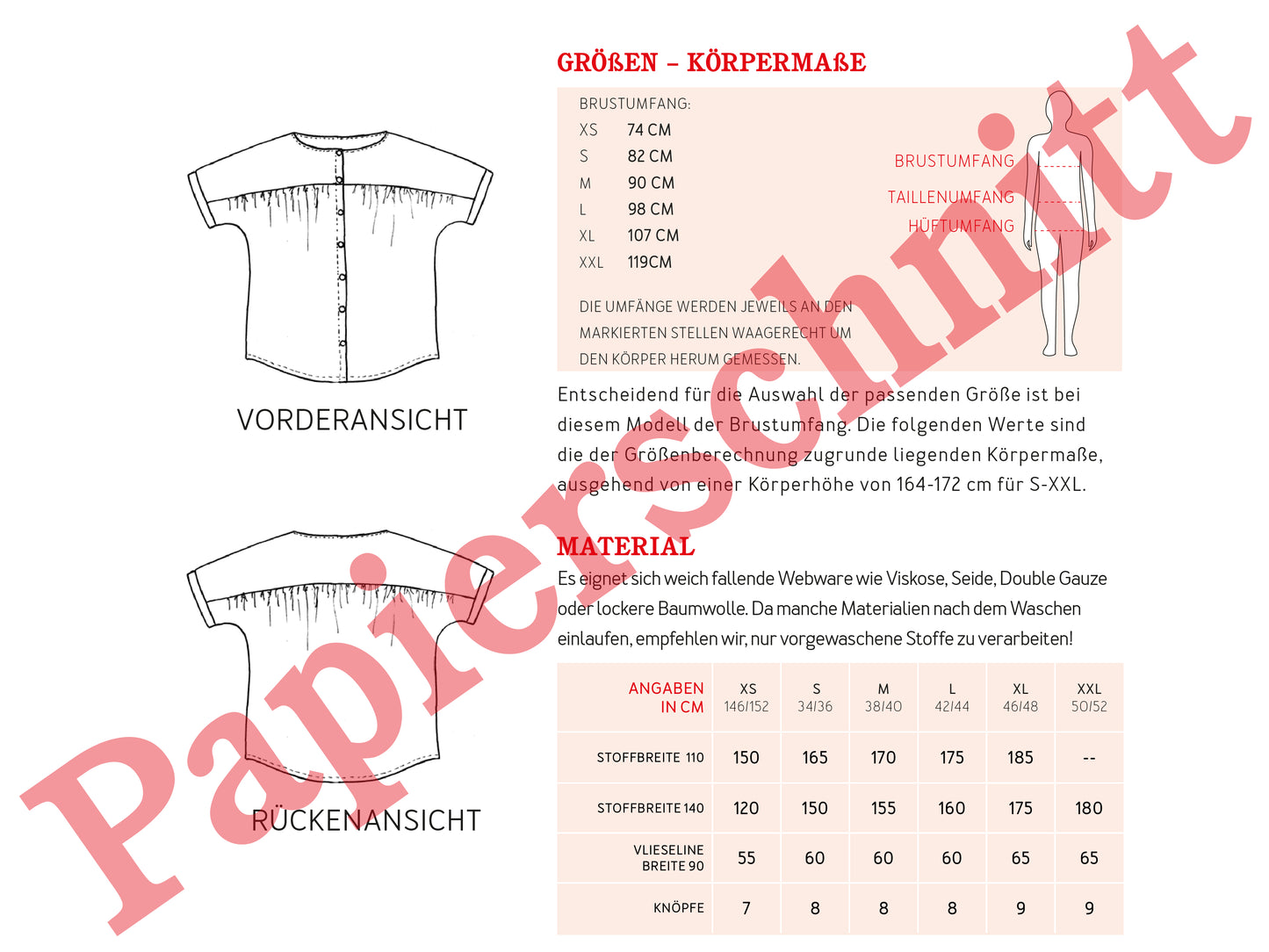 Papierschnittmuster Kurzarmbluse Frau Suzy von Studio Schnittreif Materialtabelle