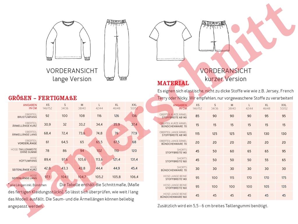 Papierschnittmuster Schlafkombi Frau Trixi von Studio Schnittreif Materialtabelle