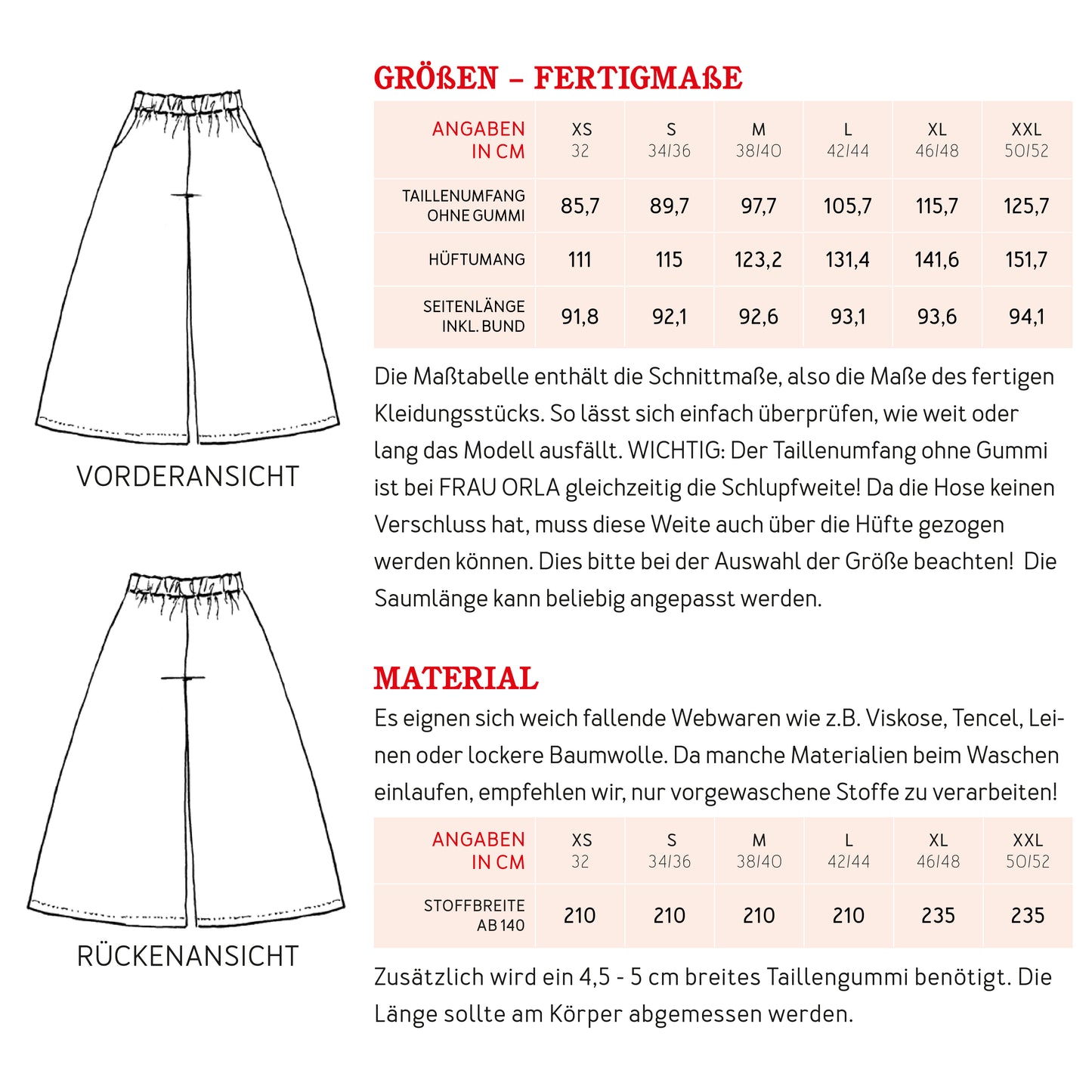 Papierschnittmuster weite Hose Frau Orla von Studio Schnittreif Materialtabelle