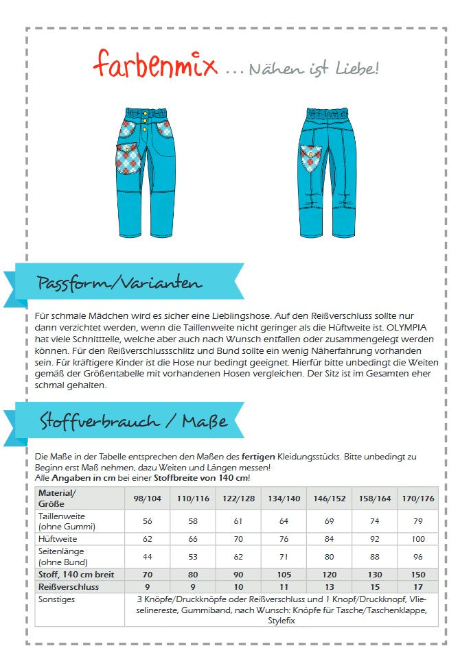 Papierschnittmuster Olympia - schmale Mädchenhose Maßtabelle