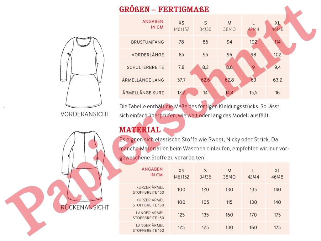 Papierschnittmuster Sweatkleid Frau Fannie von Studio Schnittreif Materialtabelle
