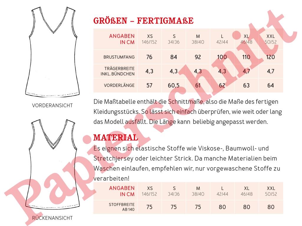 Papierschnittmuster Top mit V-Ausschnitt Frau Jill Materialtabelle