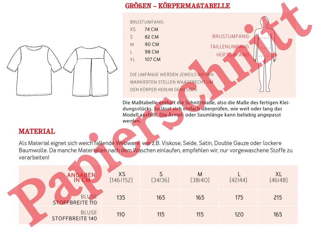 Papierschnittmuster kurze Tunika Frau Yoko von Studio Schnittreif Materialtabelle