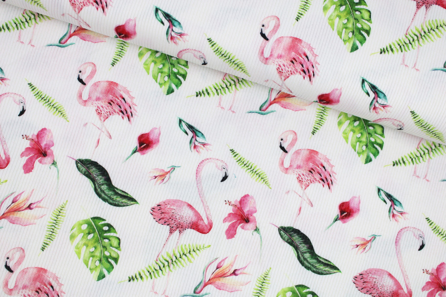 Weißer Rippjersey Mia mit Flamingos quer