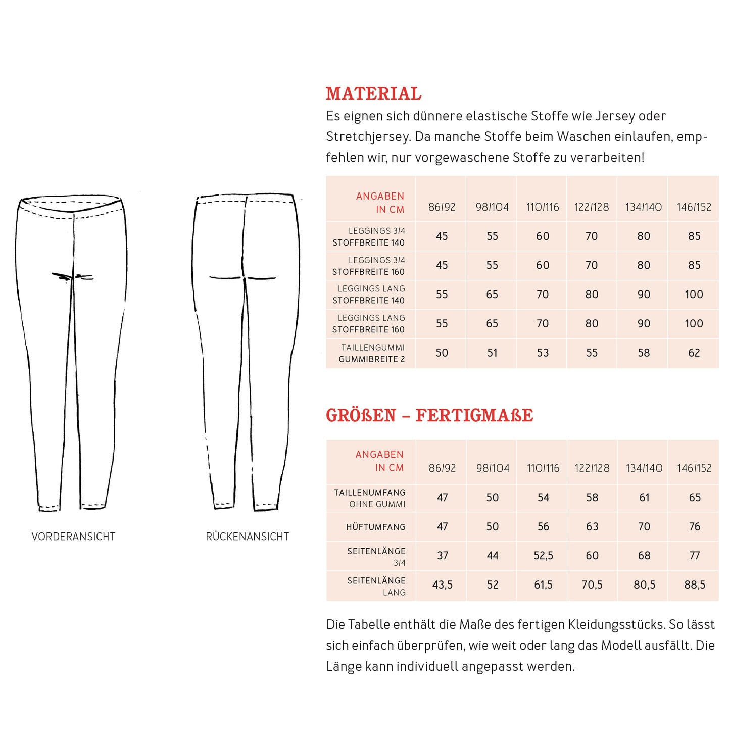 Schnittmuster Rieke Leggings von Studio Schnittreif Maßstabelle