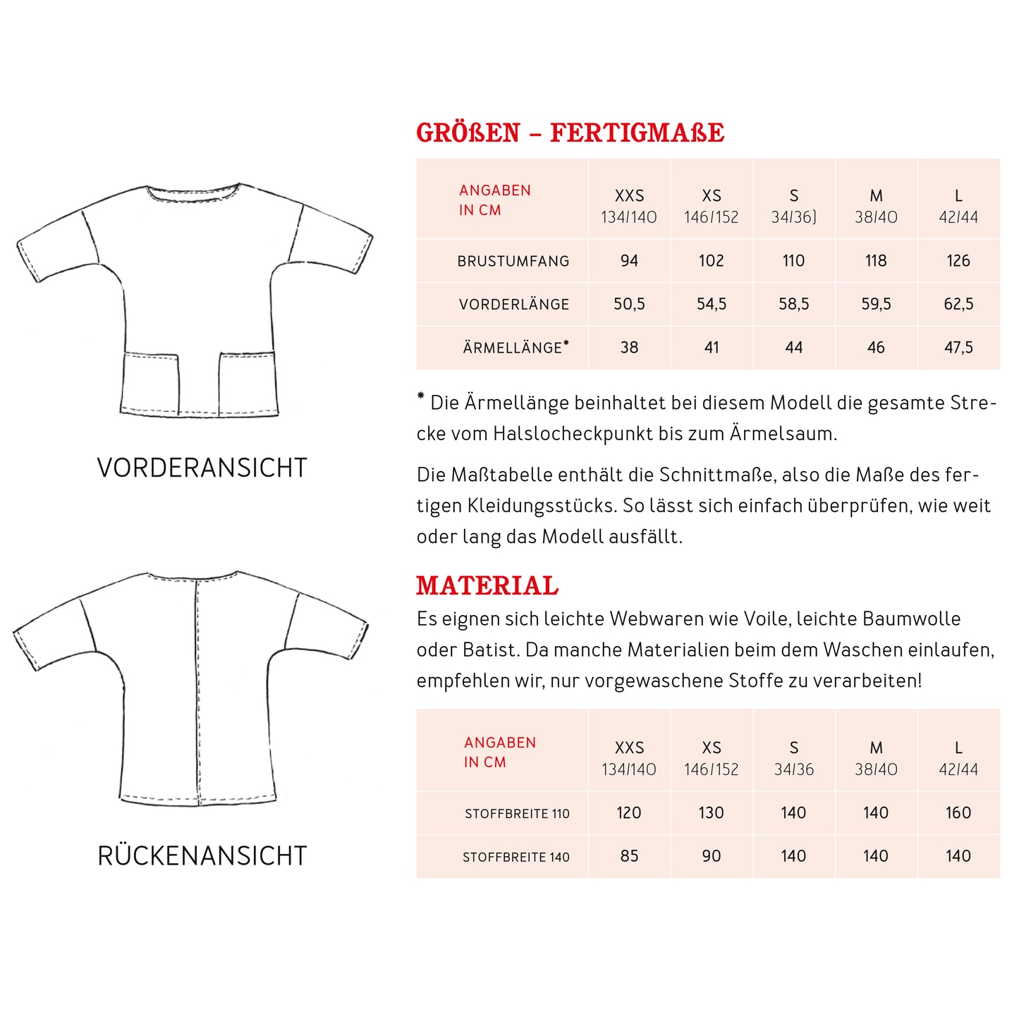 Schnittmuster kurze Bluse mit Taschen Frau Aiko von Studio Schnittreif Materialverbrauch