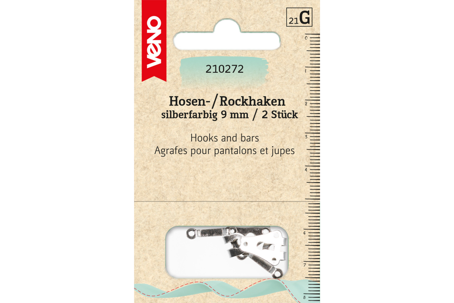 Hosen-/Rockhaken 9mm, 2 Stück - silberfarbig