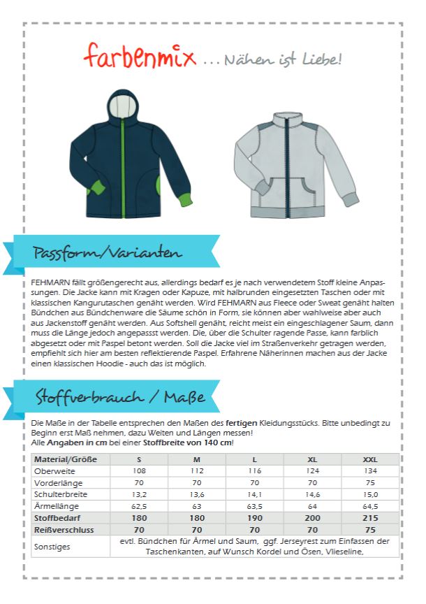Schnittmuster Stoffverbrauch für die Fleecejacke/Softshelljacke Fehmarn für Herren