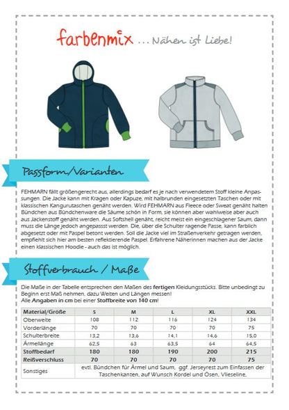 Schnittmuster Stoffverbrauch für die Fleecejacke/Softshelljacke Fehmarn für Herren