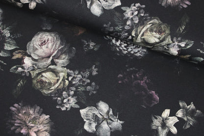 Schwarzer French Terry Sweat mit beigen Blumen quer
