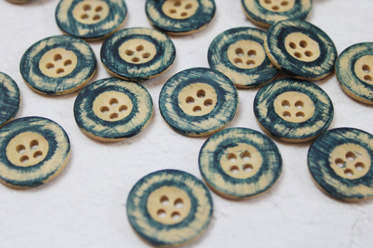 Knopf in Holzoptik mit Petrol farbenem Rand 20mm Durchmesser