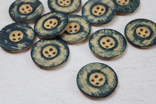 Knopf in Holzoptik mit Petrol farbenem Rand 28mm Durchmesser