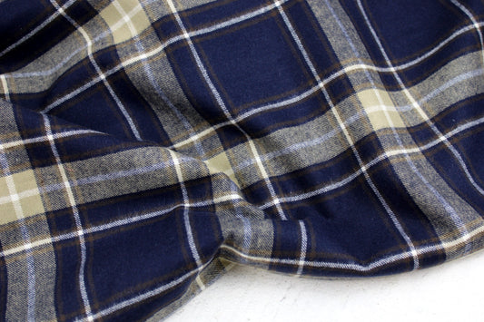 Flanellstoff Maverick aus Baumwolle mit Karos in Dunkelblau, Braun und Beige