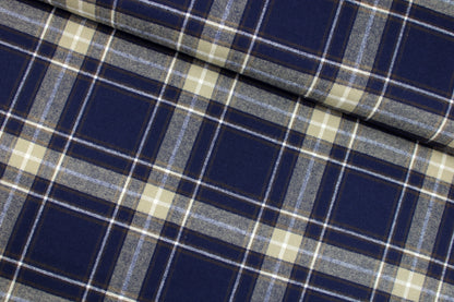 Flanellstoff Maverick aus Baumwolle mit Karos in Dunkelblau, Braun und Beige quer