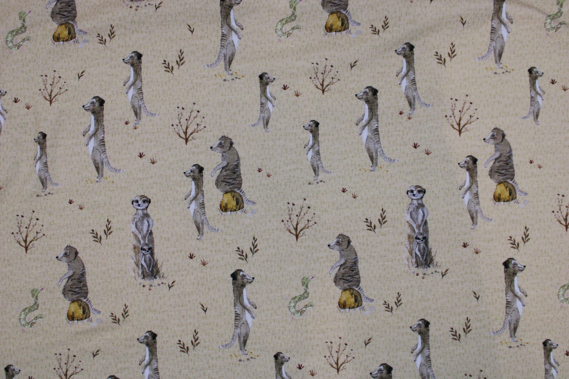 Baumwolljersey Animals mit Erdmännchen auf beigem Grund Detailbild