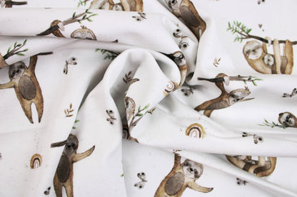 Weißer Baumwolljersey Animals mit Faultieren gedreht
