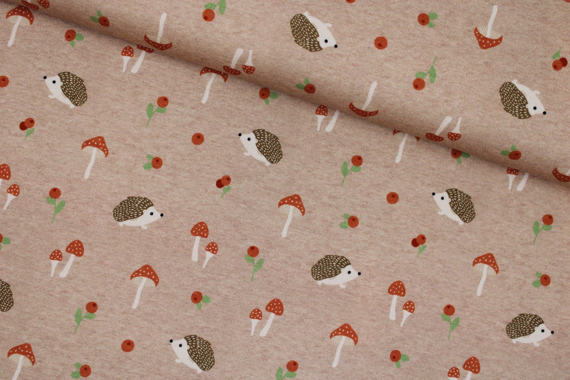 Baumwolljersey Aron mit kleinen Igeln und Pilzen auf Beige farbenem Grund quer