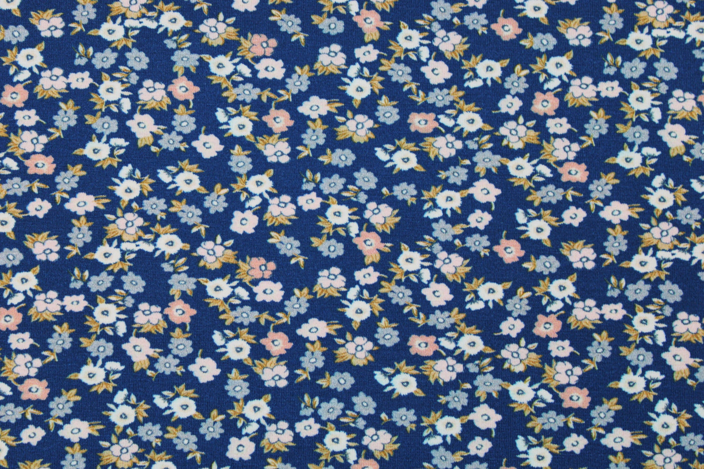 Baumwolljersey Flowers & Wood mit zarten Blümchen auf dunkelblauem Grund Detailbild