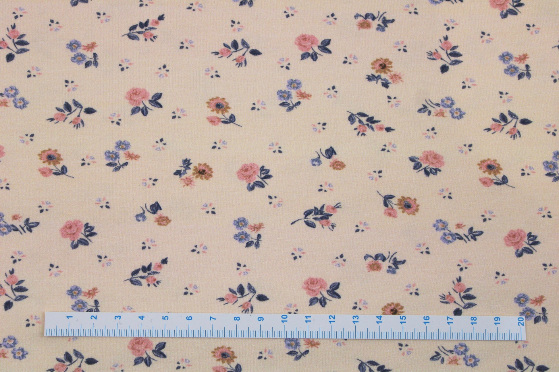 Baumwolljersey Flowers & Wood mit zarten Blümchen auf Creme farbenem Grund Maßstab