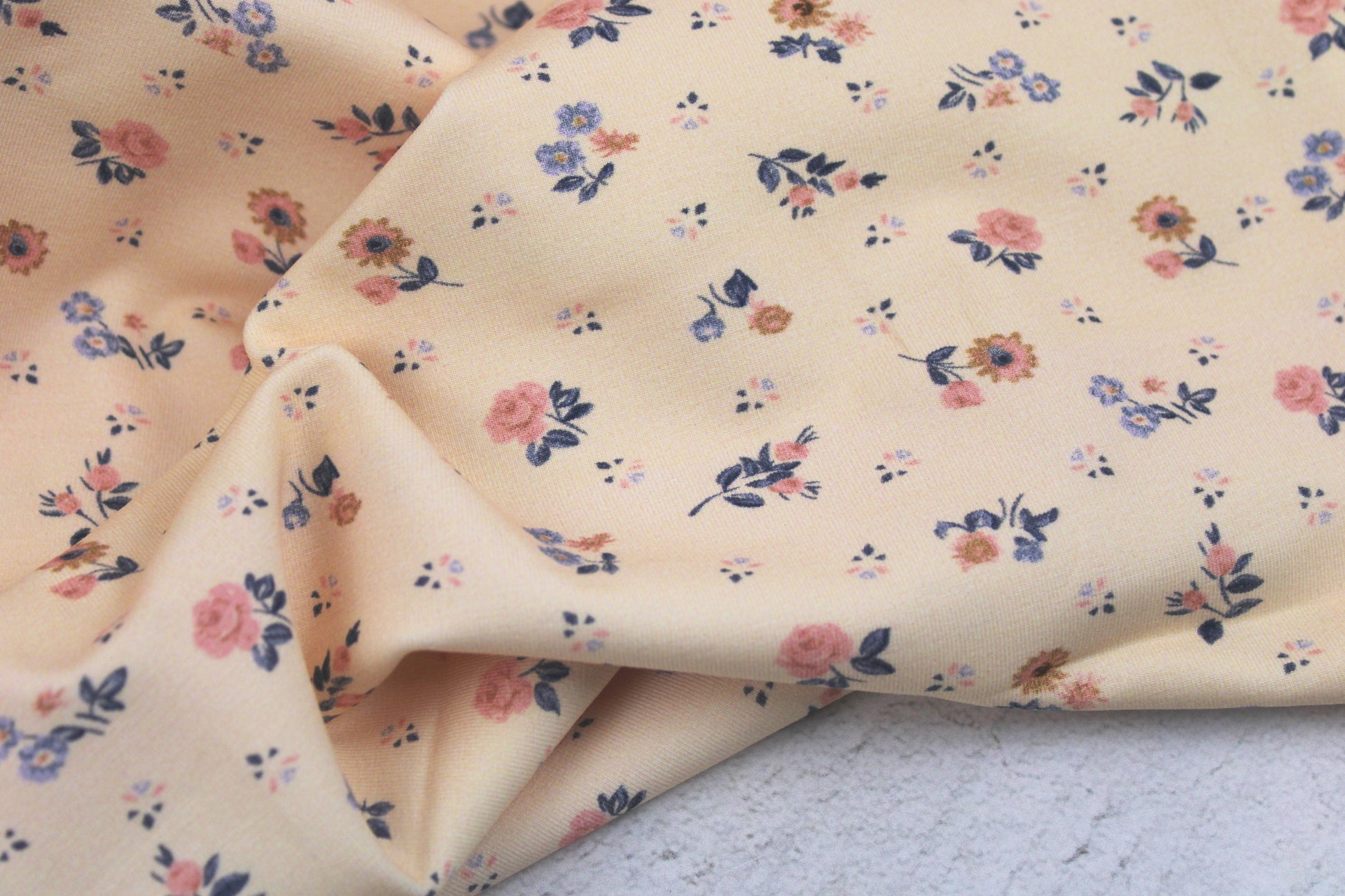 Baumwolljersey Flowers & Wood mit zarten Blümchen auf Creme farbenem Grund