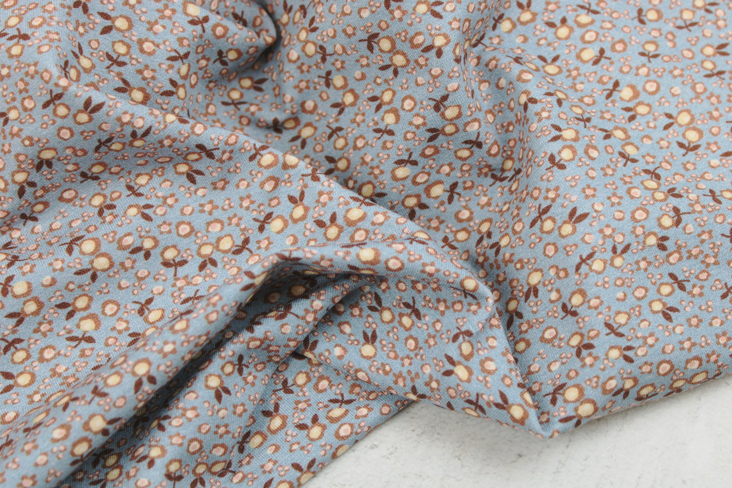 Baumwolljersey Flowers & Wood mit kleinen Blümchen in hellblau und rose