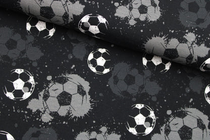Schwarzer Baumwolljersey mit Fußball-Motiv in grau und weiß quer